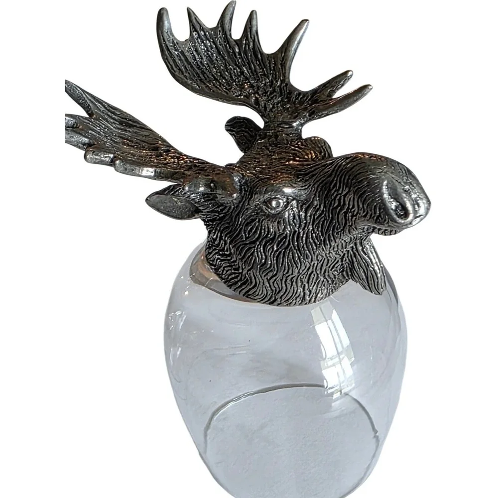 Shot Glass Set Moose Head Pewter Base Cabin Decor Silver Clear